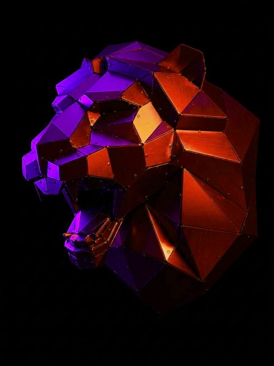 Aslan Kafası Low Poly Metal Duvar Heykeli - Işık 3
