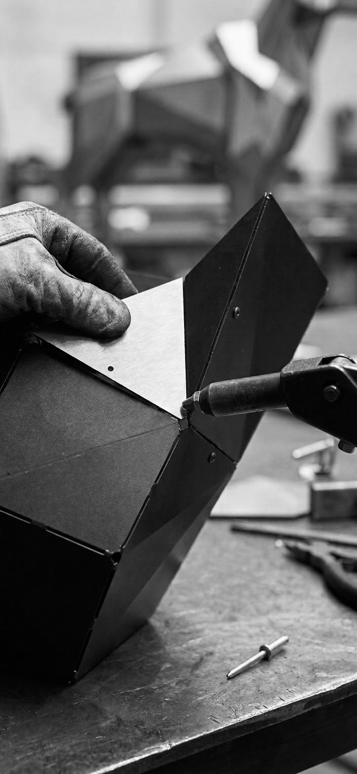 Monolitik metal heykel büküm ve perçin detayları